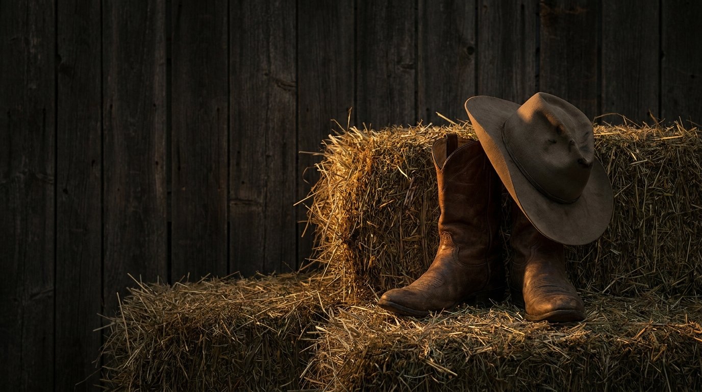 Botas y sombrero de cuero sobre paja